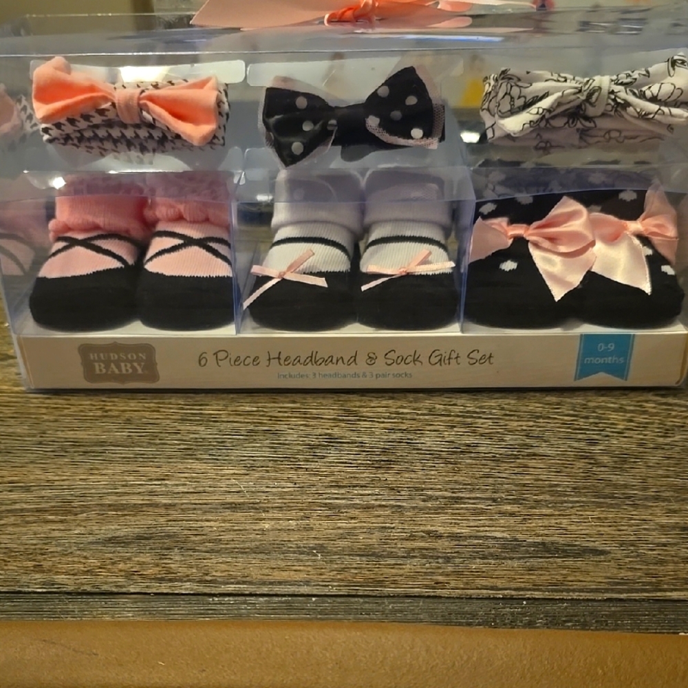 Hudson Baby Pink and Black Headband & Sock Set